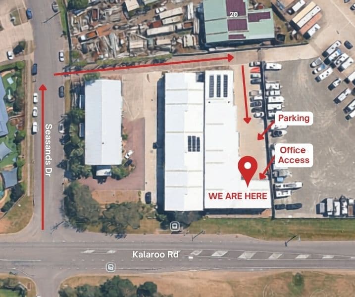 Aerial map showing how to drive into Redhead Automotive — off Kalaroo Road onto Seasands Drive, parking and office access marked
